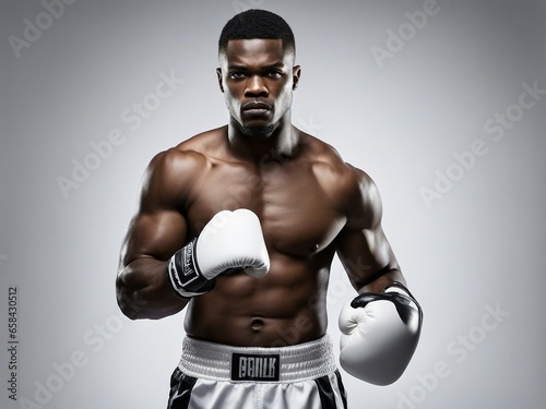 portrait of a young American black boxer with mucular body, looking angry 