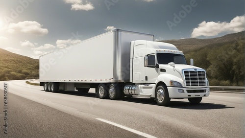A white truck with a white blank empty trailer moving on highway at united states