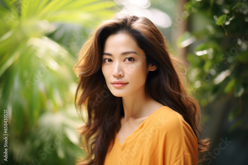 Beautiful, cheerful Asian young woman in casual clothes outdoors. Portrait of Asian girl wearing yellow dress in park, nature