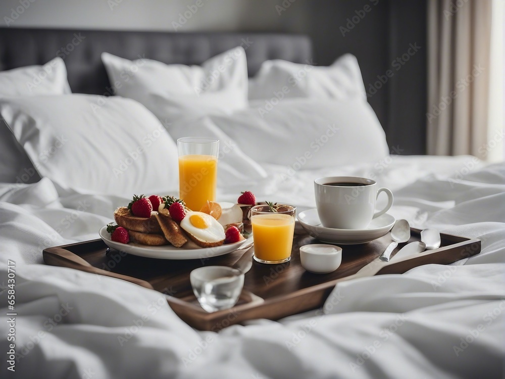 tiny breakfast tray on the bed. orange juice, omelette, coffee, pancakes, blueberries etc. tiny breakfast tray on the bed. orange juice, omelette, coffee, pancakes, blueberries etc.