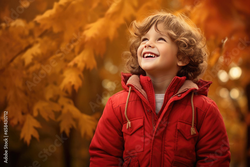 Happy child in red jacket enjoying bright autumn day