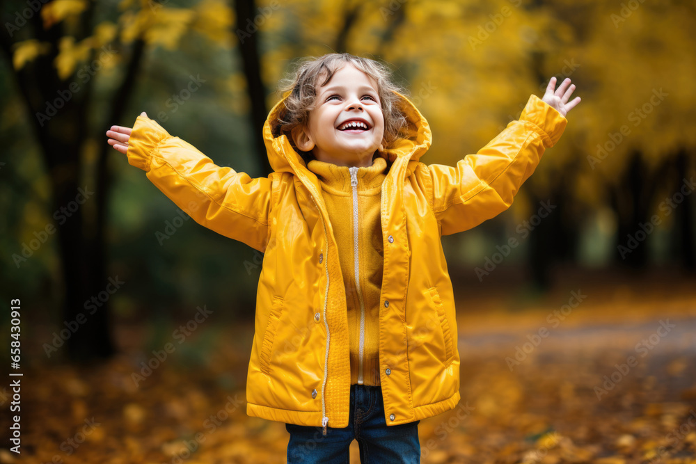 Happy child in yellow jacket enjoying bright autumn day Happy child in yellow jacket enjoying bright autumn day