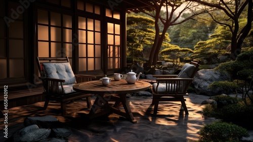 Solid wood tables and chairs are placed in a Chinese-style courtyard