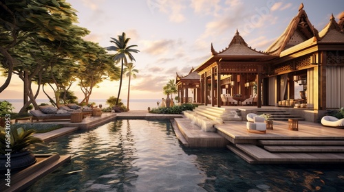 A Bali-inspired luxury beach villa with teak wood accents, ornate statues, and a tranquil koi pond, set against a beach sunset. Leave the bottom open for a logo or slogan. © ZUBI CREATIONS