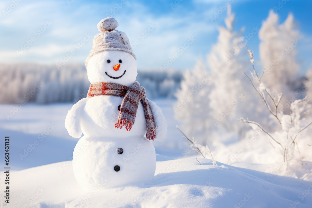 Obraz premium Cheerful little snowman in hat and scarf outdoors on winter day