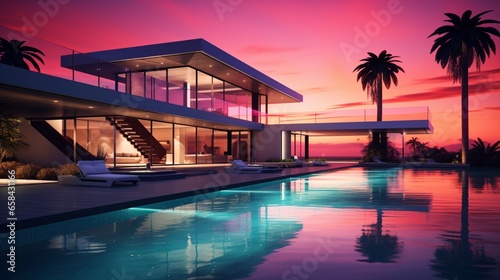 A sleek modern luxury home with a reflective pool capturing the colors of the sunrise. Keep the bottom-right corner open for a logo. © ZUBI CREATIONS