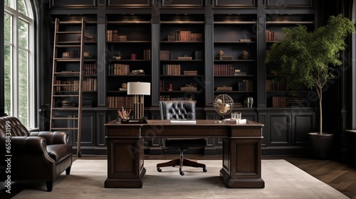 A spacious home office with a mahogany desk and wall-mounted bookshelves.