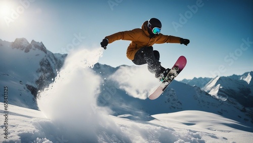 snowboarder jumping from the snowy mountains photo