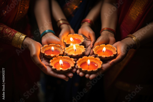 Woman hands holding small candles during diwali festival