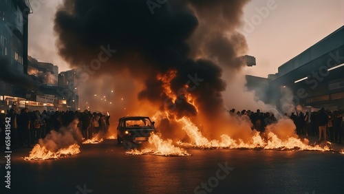 protesters  burning vehicles  flames and smoke in the city center