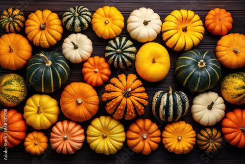 Many colorful decorative pumpkins on wooden table