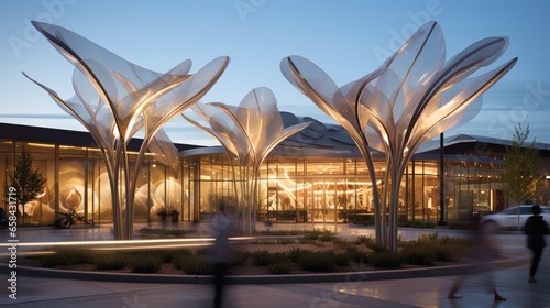 An airport plaza featuring kinetic wind sculptures. The exterior design embraces movement and innovation, with sculptures interacting with the wind and ambient lighting.