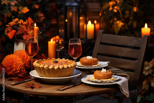 Elegant beautiful dinner table setting with pumpkins and candles for thanksgiving celebration