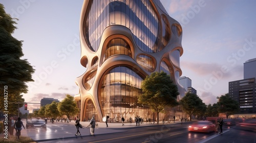 An office tower with an organic tech-inspired facade, integrating human body part motifs to symbolize the fusion of technology with the workplace.