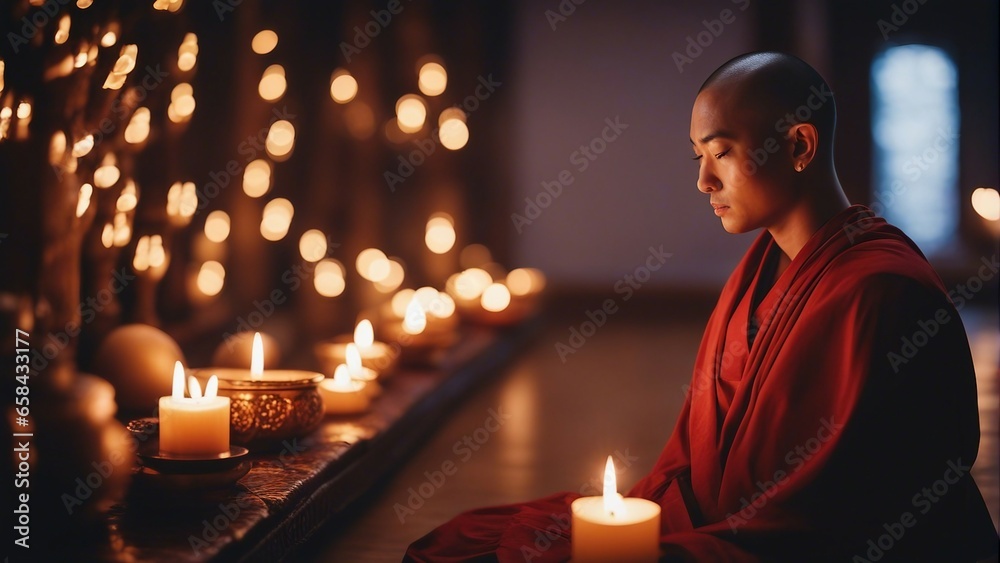 Buddhist person, meditating, traditional clothes Buddhist person, meditating, traditional clothes