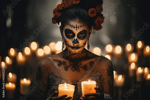 Woman dressed up in Day of the Dead costume with sugar skull makeup