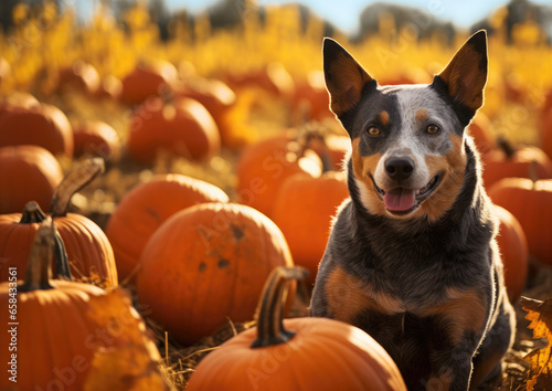 An Australian Shepherd pet dog lying in a pumpkin patch field looking forward at the camera with a happy expression