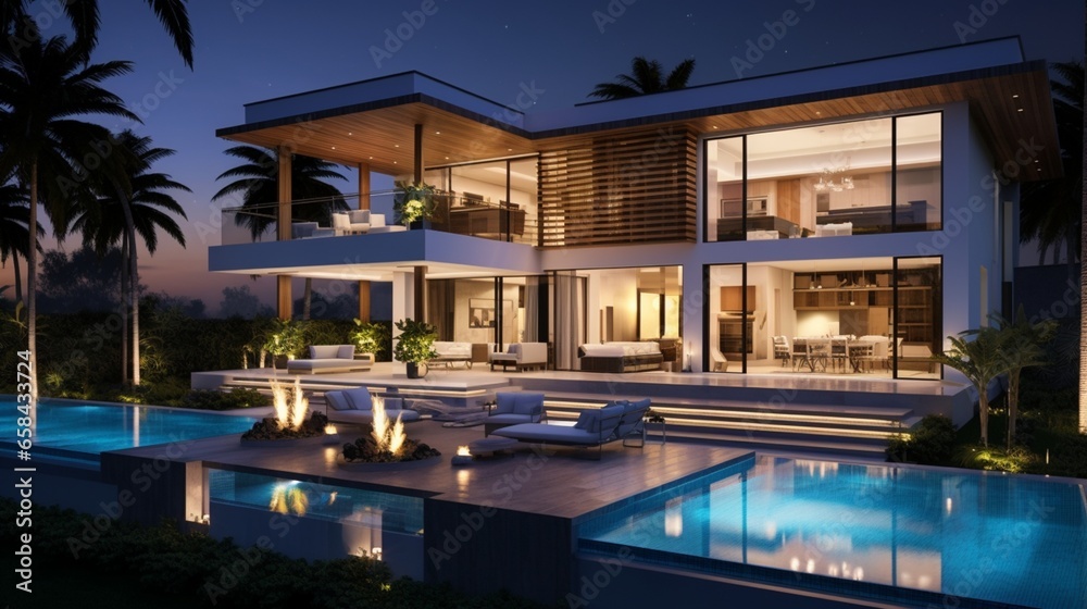 Residence with contemporary design, featuring a luxurious outdoor oasis with smart systems.