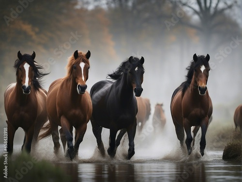 Wild herd of horses running in the cold and misty weather by the river © abu