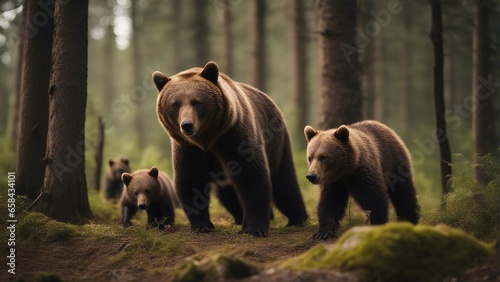 brown bear and bear cubs in the forest at sunset