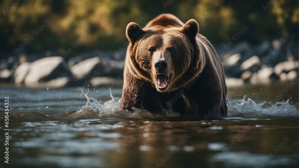 A wild and large bear fishing in a river in the wilderness A wild and large bear fishing in a river in the wilderness