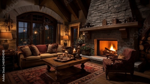 A cozy living room with a roaring fireplace and plush furnishings.