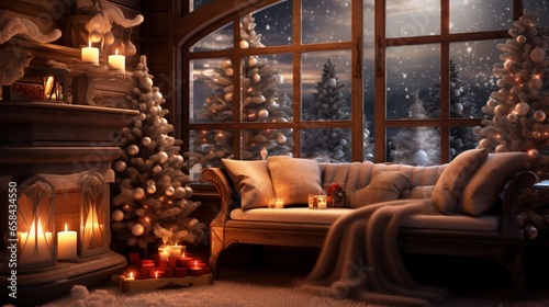 a cozy holiday setting with twinkling lights and classic Christmas decorations  adding warmth to the blurred background.
