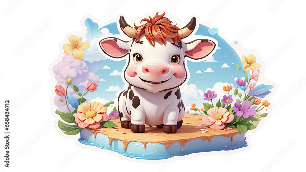 Naklejka premium illustration of cute cow character with flowers.