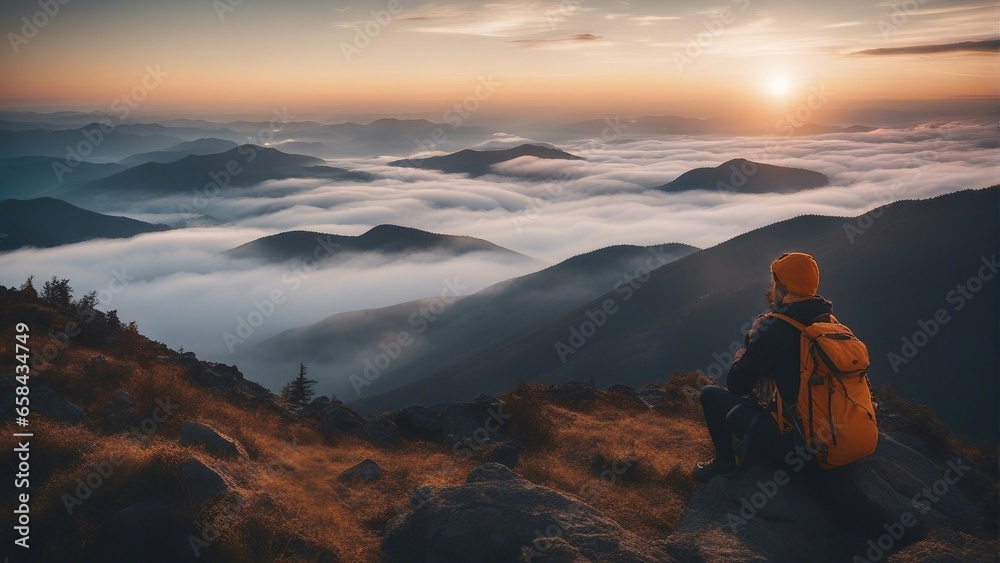 hiker watches the foggy sunrise from the top of the mountain