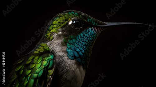 A green and white hummingbird on a black background
