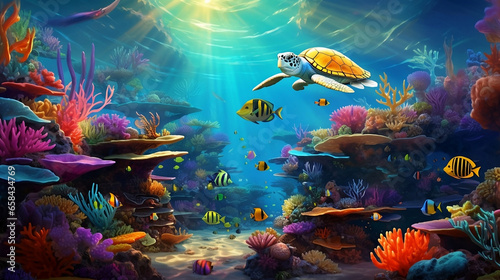 Serene and colorful underwater scene with vibrant coral reefs and exotic fish. © Wallpaper paradise