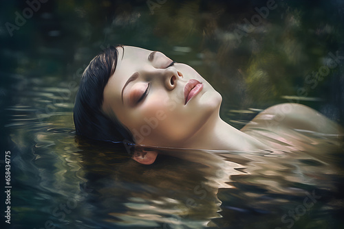 A woman floating in the water with her eyes closed