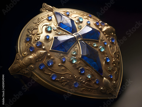 Photographie A gold and blue fantasy brooch with a cross on it