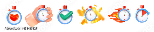 Set of stopwatches. Timer. Concept of time, deadline, punctuality. 3D style. Vector illustration.