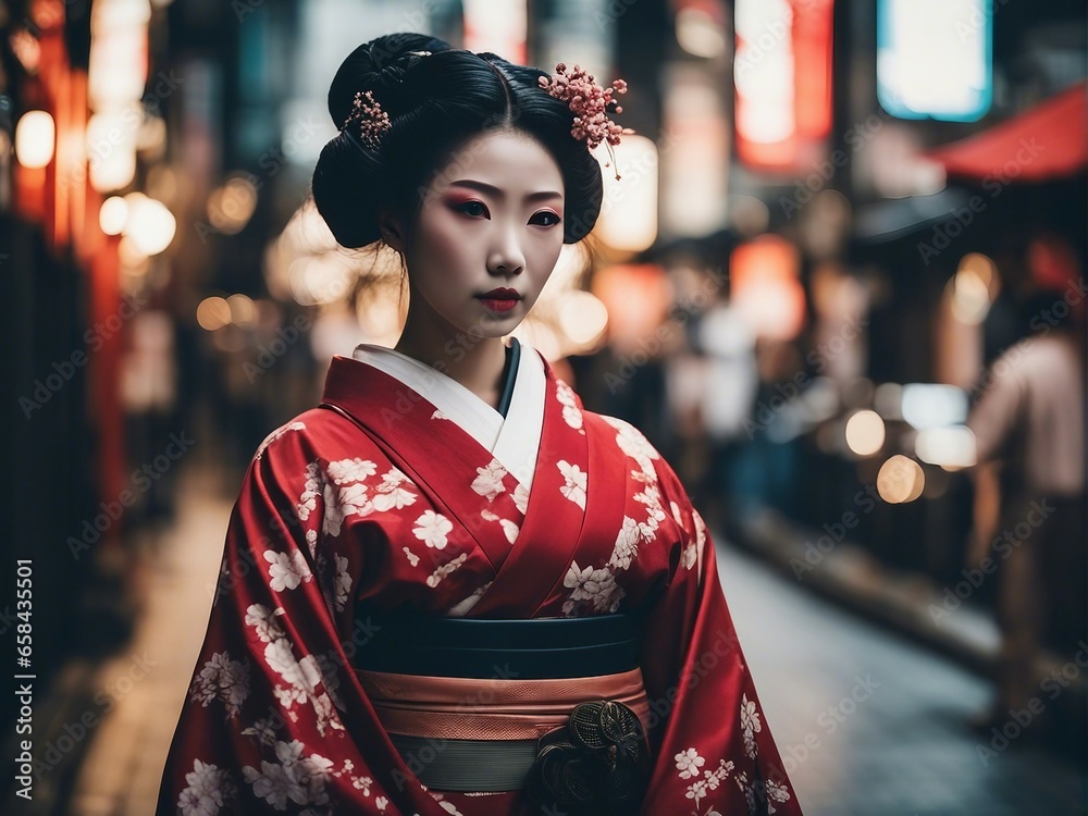 Portrait of a geisha adorned in traditional attire Portrait of a geisha adorned in traditional attire