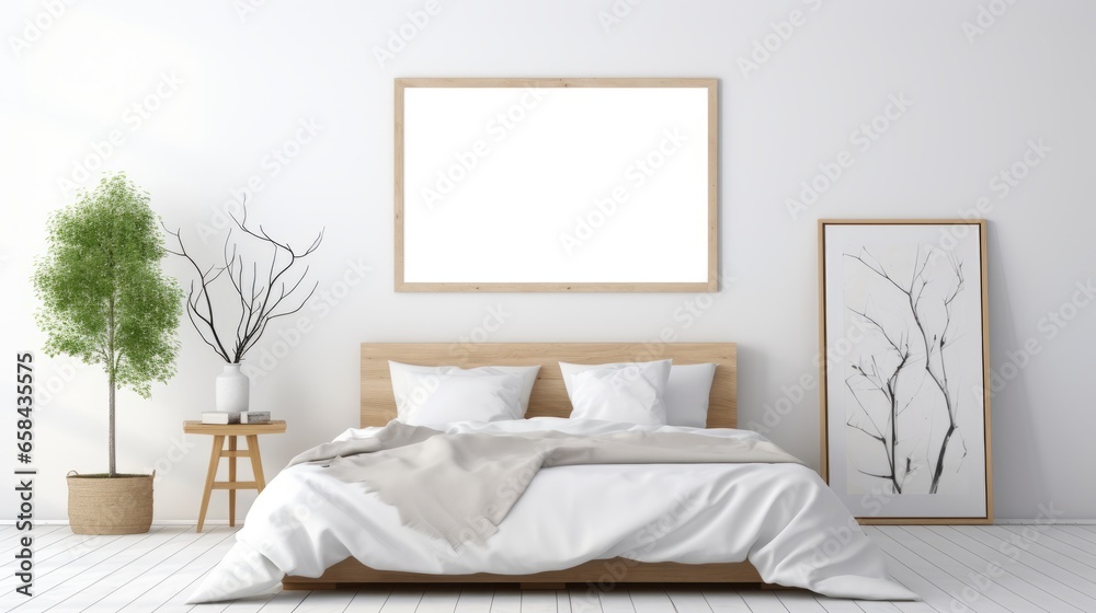 Mock up poster in white minimalistic bedroom, 3d render Mock up poster in white minimalistic bedroom, 3d render