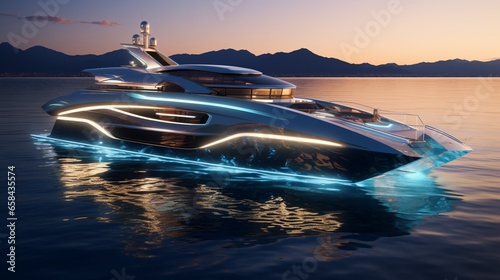A leisure yacht with a holographic exterior, featuring dynamic holograms for a visually stunning and immersive experience on the water.