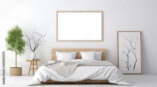 Mock up poster in white minimalistic bedroom, 3d render
