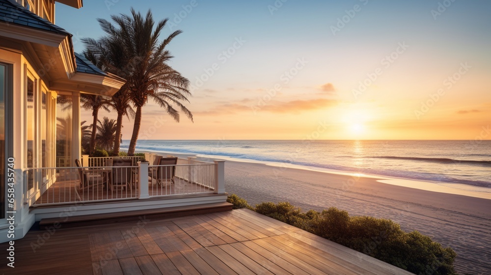 A luxury beachfront home with a deck overlooking the ocean at sunrise. Leave the top-right area blank for a logo or text.