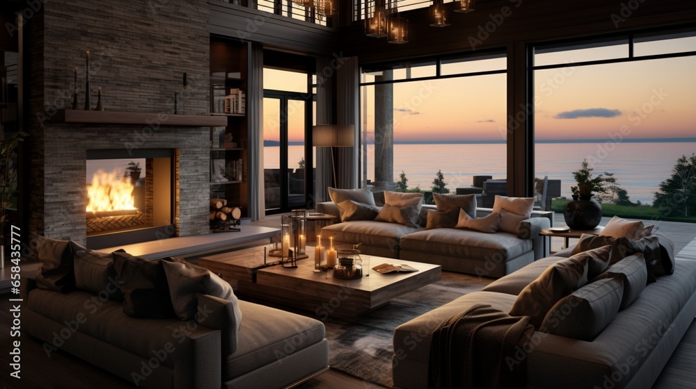 A luxury living room with a roaring fireplace, leather couches, and dark wood accents, set against large windows overlooking the ocean. Reserve the top-left corner for text.