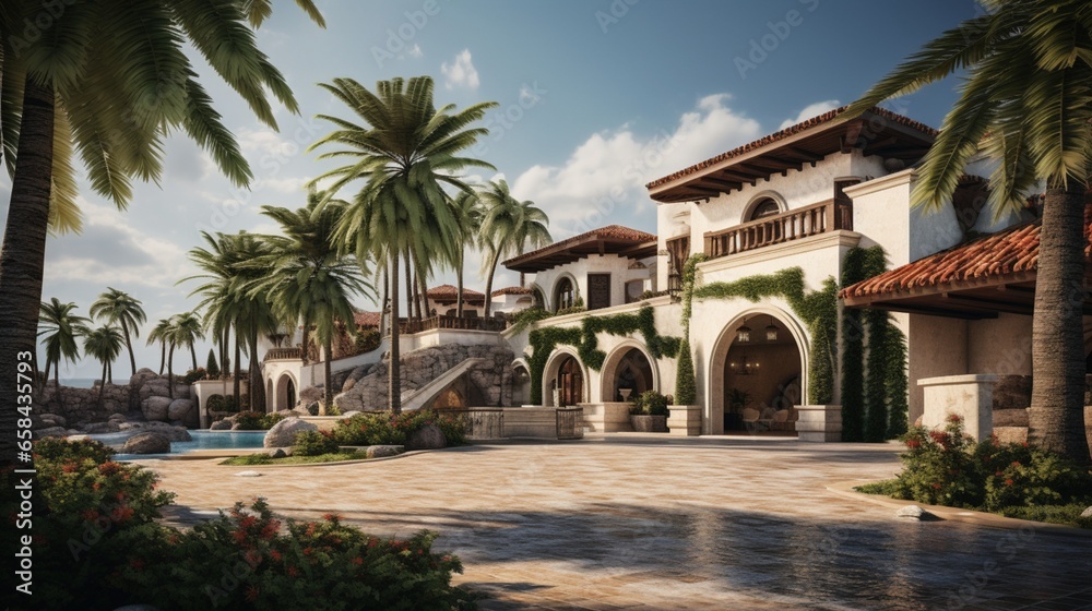 A luxury villa with a Mediterranean design, surrounded by palm trees and featuring a cobblestone driveway. Reserve the bottom-right corner for text.