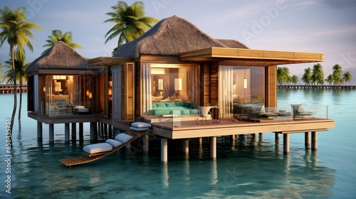A luxury bungalow on stilts in a shallow lagoon  with a private dock extending out to the sea. Leave the bottom-right corner open for a logo.