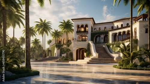 A luxury villa with a Mediterranean design  surrounded by palm trees and featuring a cobblestone driveway. Reserve the bottom-right corner for text.
