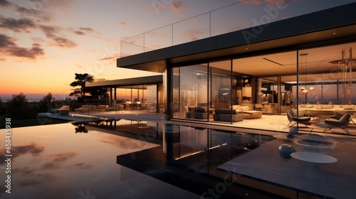 A modern luxury home with expansive glass walls reflecting the golden hues of the sunset. Keep the bottom-right corner open for a logo. © ZUBI CREATIONS