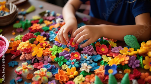 Generative AI, small child sculpts flowers from plasticine, hands, fingers, hobby, early development, kindergarten, modeling, kid, baby, do it yourself, crafts, fine motor skills, toddler, clay