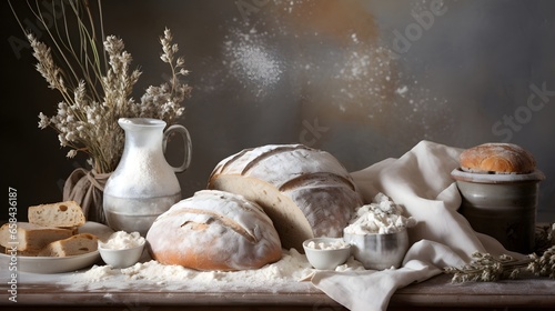 Capture the dynamic interplay of rustic, homey sourdough bread and the poetic cascade of flour, suspended in an elegant ballet of high-speed . Generative AI