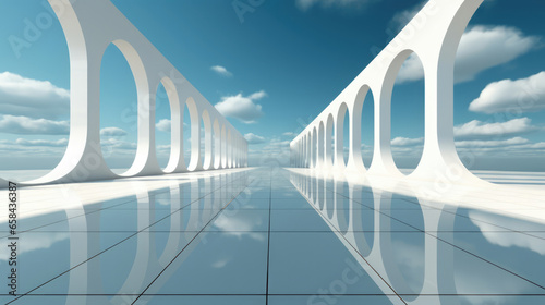 Perfectly symmetrical white minimalist architectural arches stretching to the endless horizon under clear  sunny skies