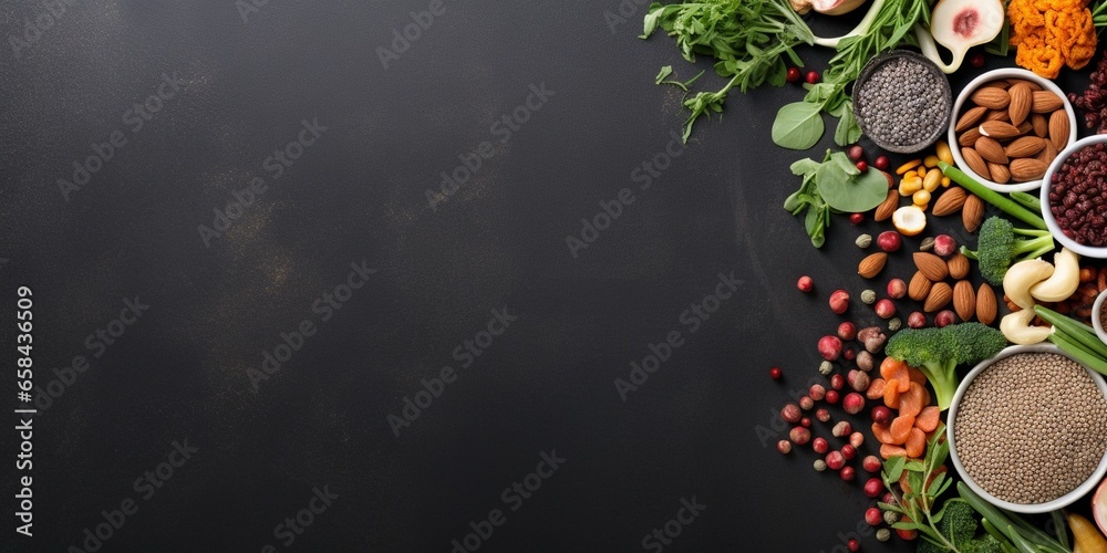 Superfoods on a gray background with copy space. Nuts, beans, greens and seeds. Healthy vegan food. : Generative AI - obrazy, fototapety, plakaty 