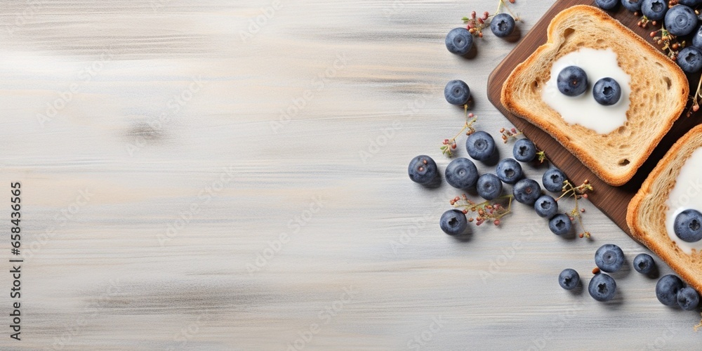 Delicious toasts served with butter, blueberries and coffee on grey wooden table, flat lay. Space for text : Generative AI - obrazy, fototapety, plakaty 