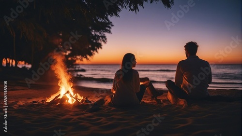silhouettes of people having fun around a bonfire, sitting and watching the sunset